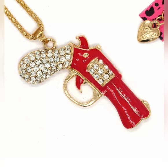 Gold Plated Red Crystal Gun/Pistol Pendant Necklace - Picture 8 of 16